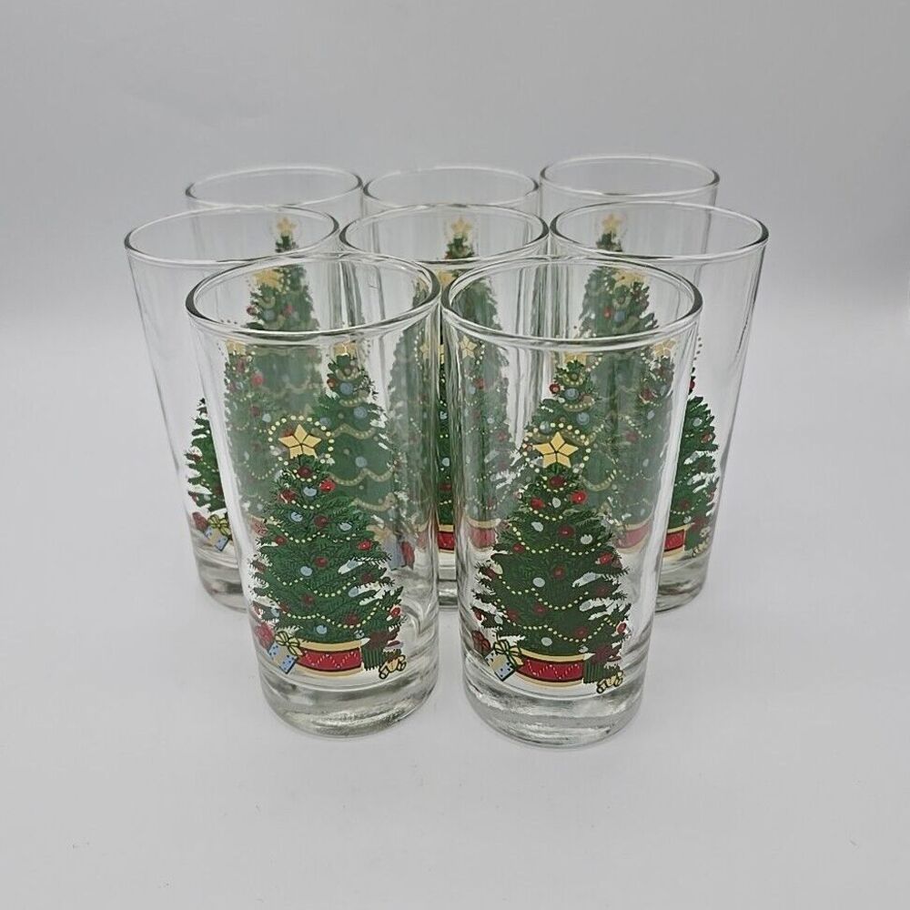Vintage Home Interiors Christmas Tree Tumblers Set of 8 Glasses 2 Sided